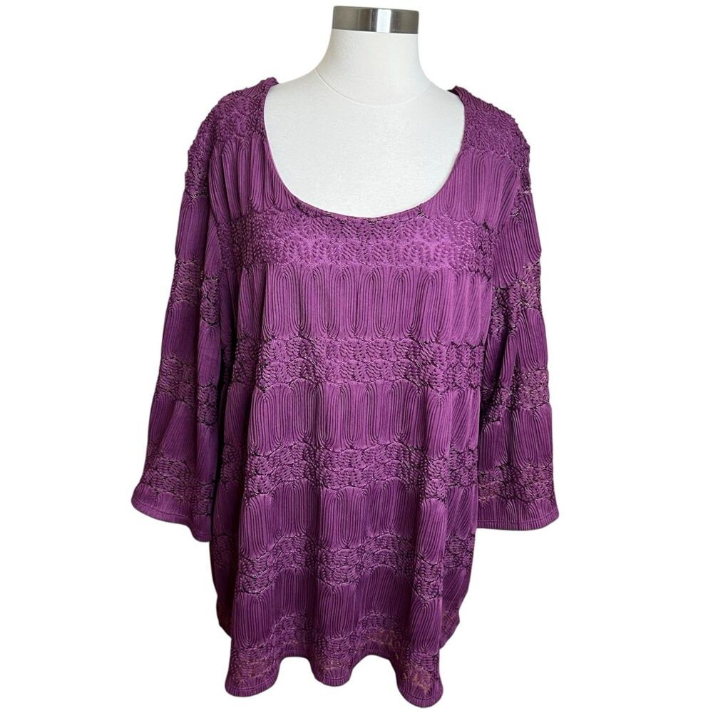 Catherines Textured Lace Top Womens 2X Purple 3/4 Sleeves Blouse Boho Stretch